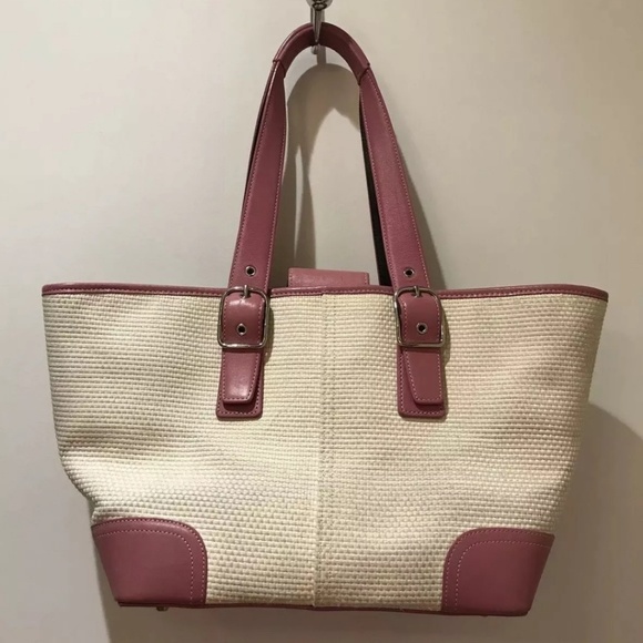 Coach Handbags - Coach Cream Weaved Pink Leather Tote Bag